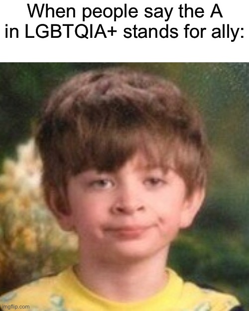 Asexuals, aromantics, abrosexuals, agender... i can’t think of any more that start with A | When people say the A in LGBTQIA+ stands for ally: | image tagged in annoyed face | made w/ Imgflip meme maker