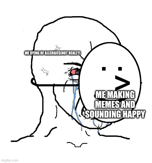 Pretending To Be Happy, Hiding Crying Behind A Mask | ME DYING OF ALLERGIES(NOT REALLY); ME MAKING MEMES AND SOUNDING HAPPY | image tagged in pretending to be happy hiding crying behind a mask | made w/ Imgflip meme maker