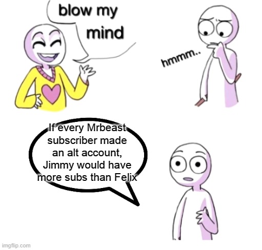 W o w | If every Mrbeast subscriber made an alt account, Jimmy would have more subs than Felix | image tagged in blow my mind | made w/ Imgflip meme maker