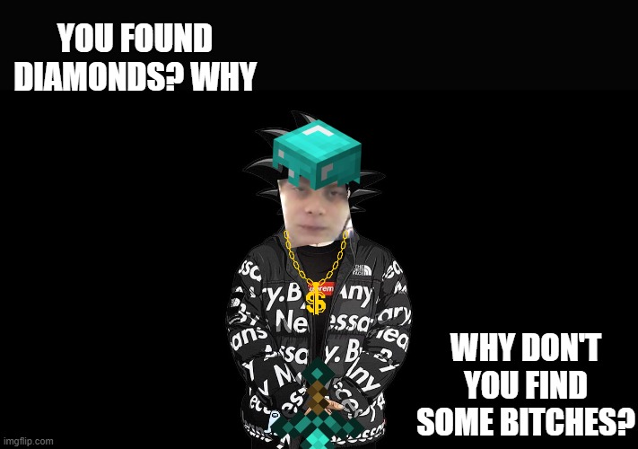 Diamond Supreme |  YOU FOUND DIAMONDS? WHY; WHY DON'T YOU FIND SOME BITCHES? | image tagged in minecraft,goku drip,supreme,bitches,amogus | made w/ Imgflip meme maker
