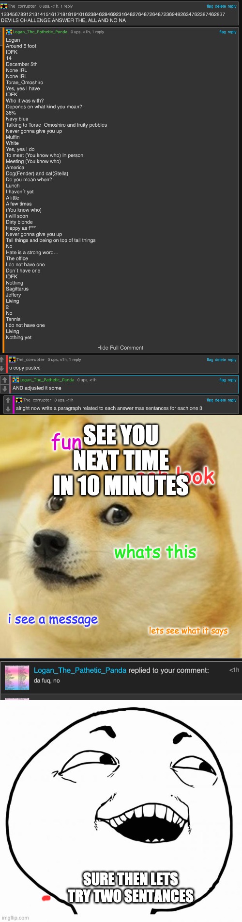 D: | SEE YOU NEXT TIME IN 10 MINUTES; fun; ooh look; whats this; i see a message; lets see what it says; SURE THEN LETS TRY TWO SENTANCES | image tagged in memes,doge,i see what you did there | made w/ Imgflip meme maker