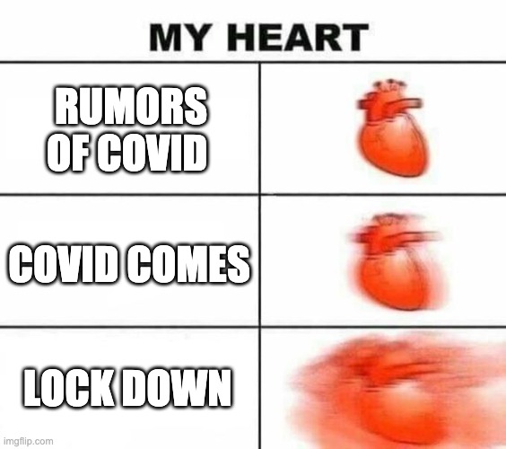 ... | RUMORS OF COVID; COVID COMES; LOCK DOWN | image tagged in my heart blank | made w/ Imgflip meme maker