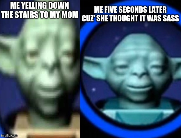 Ded boi yodur | ME FIVE SECONDS LATER CUZ' SHE THOUGHT IT WAS SASS; ME YELLING DOWN THE STAIRS TO MY MOM | image tagged in star wars yoda,mom | made w/ Imgflip meme maker