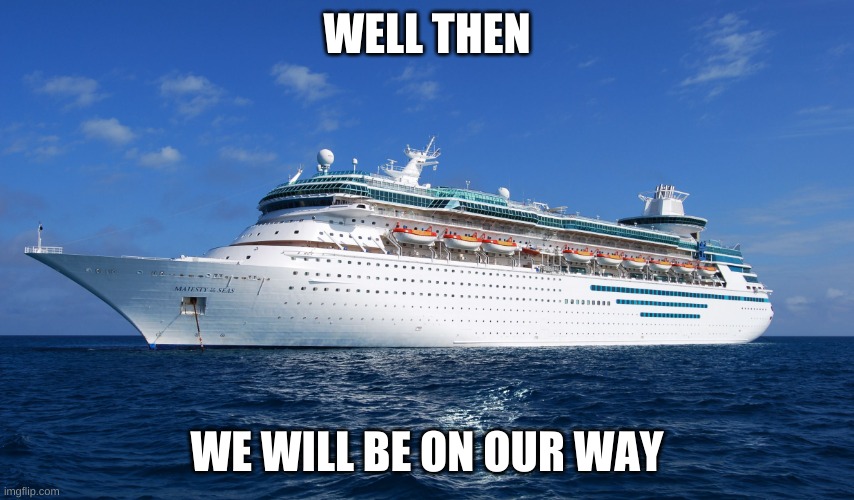 Cruise Ship | WELL THEN WE WILL BE ON OUR WAY | image tagged in cruise ship | made w/ Imgflip meme maker