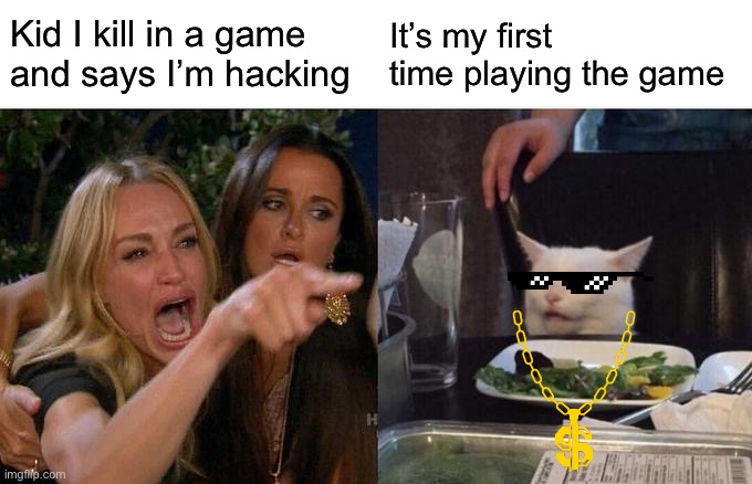 Woman Yelling At Cat | Kid I kill in a game and says I’m hacking; It’s my first time playing the game | image tagged in memes,woman yelling at cat | made w/ Imgflip meme maker