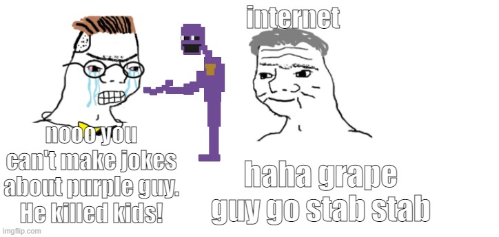 nooo haha go brrr | internet; nooo you can't make jokes about purple guy. He killed kids! haha grape guy go stab stab | image tagged in nooo haha go brrr,purple guy | made w/ Imgflip meme maker