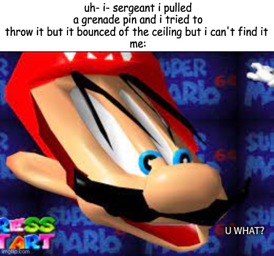 xD | uh- i- sergeant i pulled a grenade pin and i tried to throw it but it bounced of the ceiling but i can't find it 
me: | image tagged in mario face u what | made w/ Imgflip meme maker