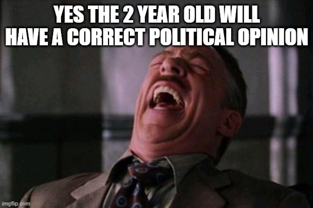 Spider Man boss | YES THE 2 YEAR OLD WILL HAVE A CORRECT POLITICAL OPINION | image tagged in spider man boss | made w/ Imgflip meme maker