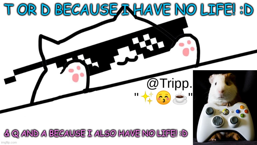 T or D   &   Q and A | T OR D BECAUSE I HAVE NO LIFE! :D; & Q AND A BECAUSE I ALSO HAVE NO LIFE! :D | image tagged in tripp 's very awesome temp d | made w/ Imgflip meme maker