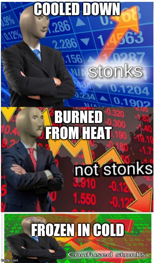 Cooled Down, Burned From Heat, Frozen In Cold | COOLED DOWN; BURNED FROM HEAT; FROZEN IN COLD | image tagged in stonks not stonks confused stonks | made w/ Imgflip meme maker