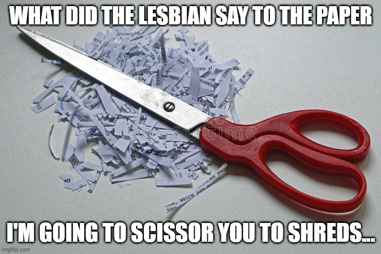 Scissoring... | WHAT DID THE LESBIAN SAY TO THE PAPER; I'M GOING TO SCISSOR YOU TO SHREDS... | image tagged in funny | made w/ Imgflip meme maker