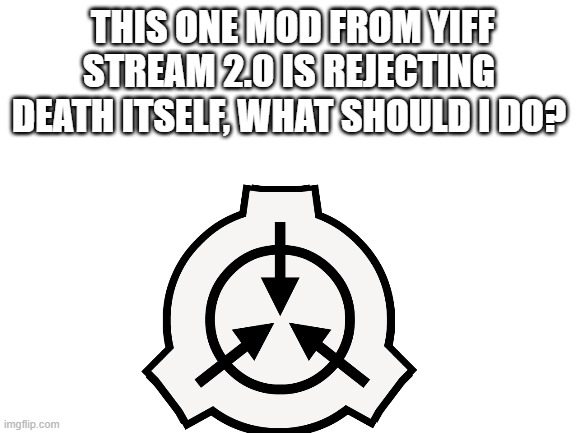 roast ideas needed. | THIS ONE MOD FROM YIFF STREAM 2.0 IS REJECTING DEATH ITSELF, WHAT SHOULD I DO? | image tagged in blank white template | made w/ Imgflip meme maker