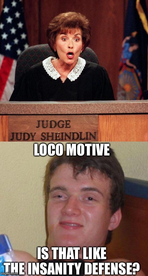 LOCO MOTIVE; IS THAT LIKE THE INSANITY DEFENSE? | image tagged in judge-judy-perso uirk-lawyers jpg,stoned guy | made w/ Imgflip meme maker