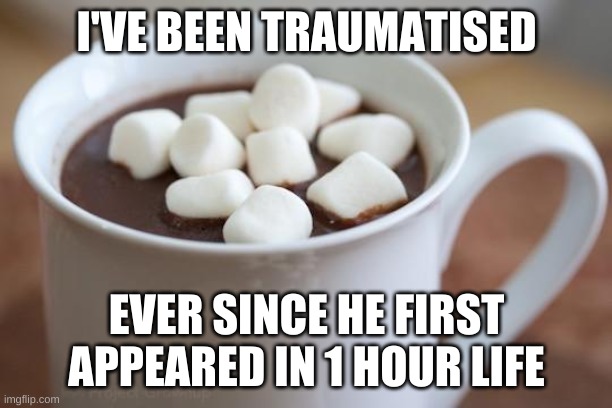 Hot cocoa  | I'VE BEEN TRAUMATISED EVER SINCE HE FIRST APPEARED IN 1 HOUR LIFE | image tagged in hot cocoa | made w/ Imgflip meme maker