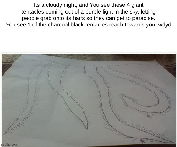 Ill be doing a series of giants roleplays starting off with this guy, Sky Tentacles | Its a cloudy night, and You see these 4 giant tentacles coming out of a purple light in the sky, letting people grab onto its hairs so they can get to paradise. You see 1 of the charcoal black tentacles reach towards you. wdyd | made w/ Imgflip meme maker