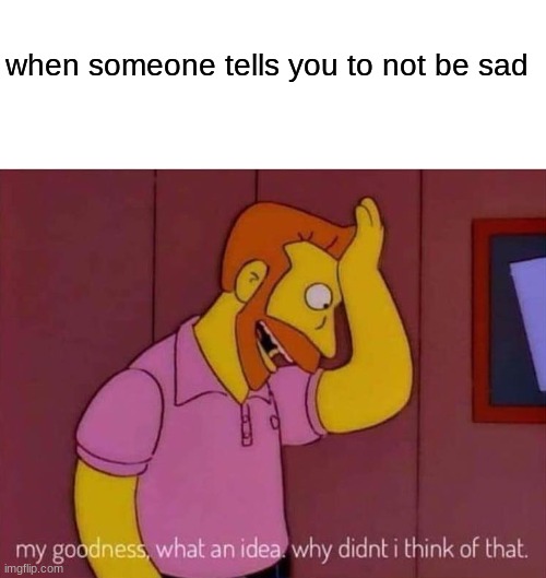 my goodness what an idea why didn't I think of that | when someone tells you to not be sad | image tagged in my goodness what an idea why didn't i think of that | made w/ Imgflip meme maker