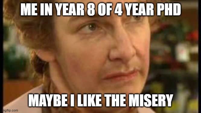 PhD Misery | ME IN YEAR 8 OF 4 YEAR PHD; MAYBE I LIKE THE MISERY | image tagged in grad school | made w/ Imgflip meme maker