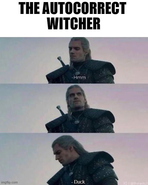 Witcher hmm | THE AUTOCORRECT 
WITCHER; - Duck | image tagged in witcher hmm | made w/ Imgflip meme maker