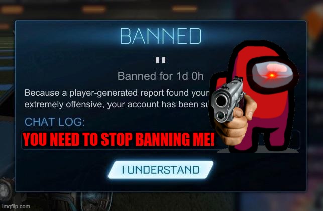 STOP BANNING ME! | YOU NEED TO STOP BANNING ME! | image tagged in rocket league ban,banned | made w/ Imgflip meme maker