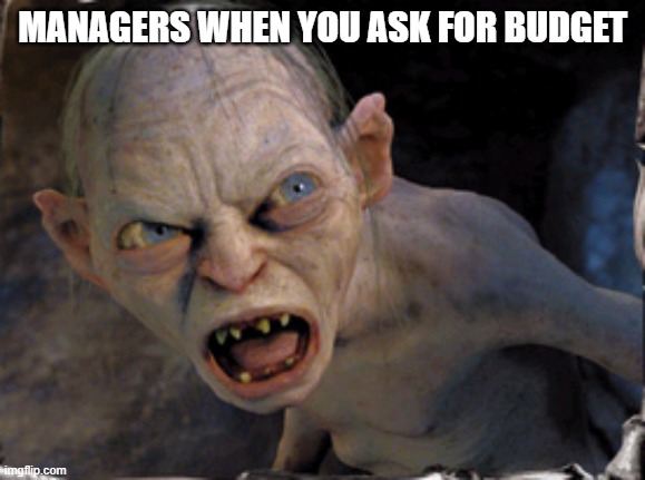 Gollum lord of the rings | MANAGERS WHEN YOU ASK FOR BUDGET | image tagged in gollum lord of the rings | made w/ Imgflip meme maker