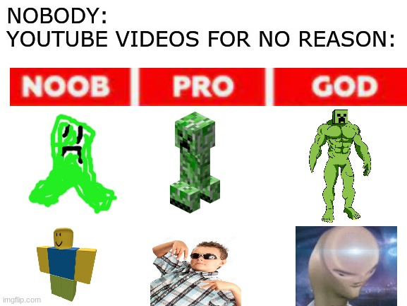 buff creeper stronk | NOBODY: 
YOUTUBE VIDEOS FOR NO REASON: | image tagged in blank white template,minecraft,funny,memes,fun,youtube | made w/ Imgflip meme maker