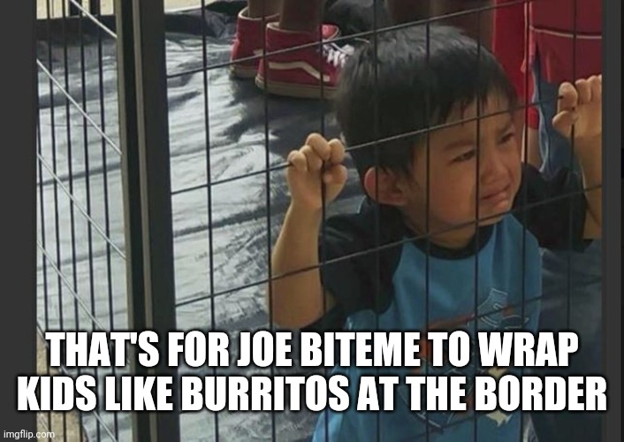 kids in cages | THAT'S FOR JOE BITEME TO WRAP KIDS LIKE BURRITOS AT THE BORDER | image tagged in kids in cages | made w/ Imgflip meme maker