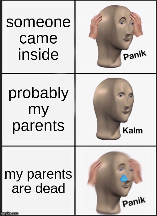Panik Kalm Panik | someone came inside; probably my parents; my parents are dead | image tagged in memes,panik kalm panik | made w/ Imgflip meme maker