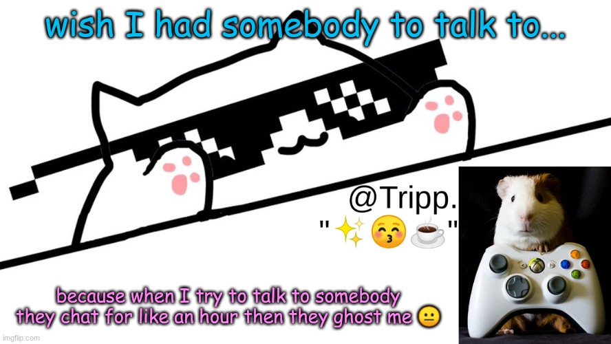 Your local imgflip person that gets to attached to somebody after like an hour of getting to know you! | wish I had somebody to talk to... because when I try to talk to somebody they chat for like an hour then they ghost me 😐 | image tagged in tripp 's very awesome temp d | made w/ Imgflip meme maker