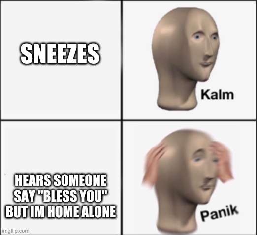 kalm panik | SNEEZES; HEARS SOMEONE SAY "BLESS YOU" BUT IM HOME ALONE | image tagged in kalm panik | made w/ Imgflip meme maker