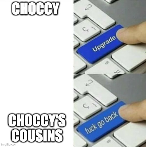 Upgrade go back | CHOCCY CHOCCY'S COUSINS | image tagged in upgrade go back | made w/ Imgflip meme maker
