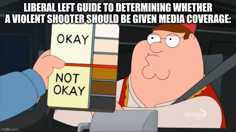 Bonus points if the shooter happened to take out minorities!!! | LIBERAL LEFT GUIDE TO DETERMINING WHETHER A VIOLENT SHOOTER SHOULD BE GIVEN MEDIA COVERAGE: | image tagged in peter griffin color chart | made w/ Imgflip meme maker