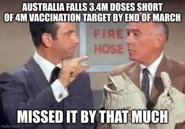 Australia missed vaccination target | AUSTRALIA FALLS 3.4M DOSES SHORT OF 4M VACCINATION TARGET BY END OF MARCH; MISSED IT BY THAT MUCH | image tagged in maxwell smart missed it by that much,australia,covid-19 | made w/ Imgflip meme maker
