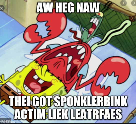 My first spunch bop image, so go easy on me | AW HEG NAW; THEI GOT SPONKLERBINK ACTIM LIEK LEATRFAES | image tagged in spunch bop 1 | made w/ Imgflip meme maker