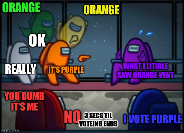 Among us blame | ORANGE; ORANGE; OK; REALLY; WHAT I LITIRLE SAW ORANGE VENT; IT'S PURPLE; YOU DUMB IT'S ME; NO; 3 SECS TIL VOTEING ENDS; I VOTE PURPLE | image tagged in among us blame | made w/ Imgflip meme maker