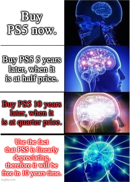 Expanding Brain Meme | Buy PS5 now. Buy PS5 5 years later, when it is at half price. Buy PS5 10 years later, when it is at quarter price. Use the fact that PS5 is  | image tagged in memes,expanding brain | made w/ Imgflip meme maker