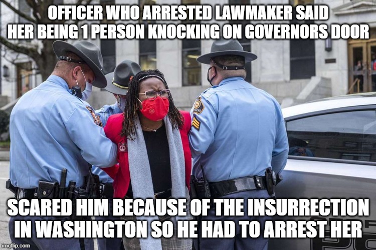 GA OFFICER ARRESTS LAWMAKER | OFFICER WHO ARRESTED LAWMAKER SAID HER BEING 1 PERSON KNOCKING ON GOVERNORS DOOR; SCARED HIM BECAUSE OF THE INSURRECTION IN WASHINGTON SO HE HAD TO ARREST HER | image tagged in injustice | made w/ Imgflip meme maker