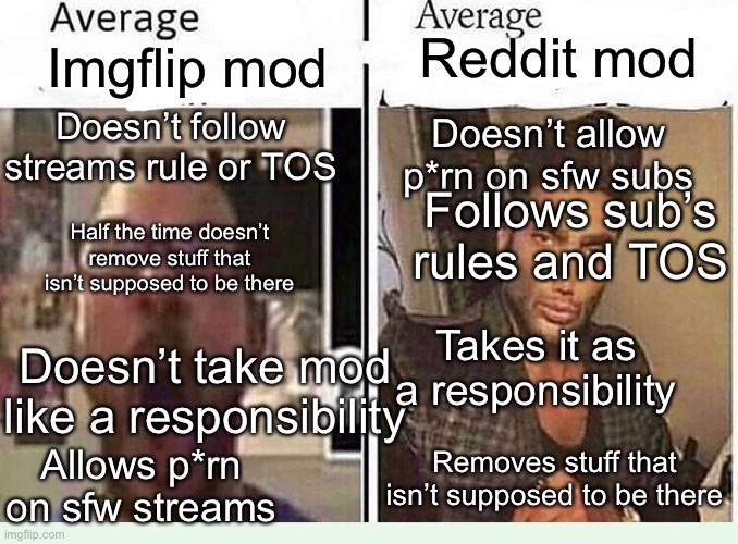 Not mods are like that tho | Reddit mod; Imgflip mod; Doesn’t follow streams rule or TOS; Doesn’t allow p*rn on sfw subs; Follows sub’s rules and TOS; Half the time doesn’t remove stuff that isn’t supposed to be there; Takes it as a responsibility; Doesn’t take mod like a responsibility; Removes stuff that isn’t supposed to be there; Allows p*rn on sfw streams | image tagged in average blank fan vs average blank enjoyer,reddit,imgflip | made w/ Imgflip meme maker