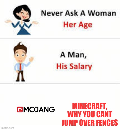 mojang | MINECRAFT, WHY YOU CANT JUMP OVER FENCES | image tagged in never ask a woman her age | made w/ Imgflip meme maker
