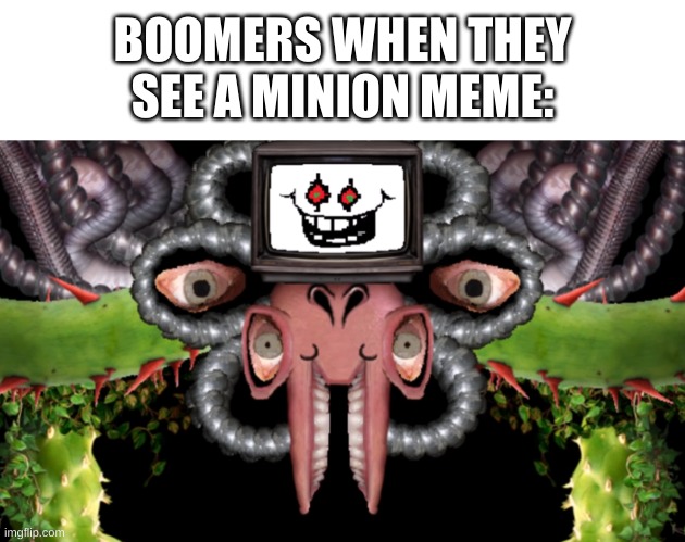 if you heard the creepy laugh you would get it | BOOMERS WHEN THEY SEE A MINION MEME: | image tagged in memes,idk,undertale | made w/ Imgflip meme maker