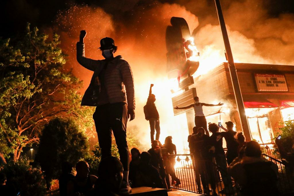 Fire burning building rioters protesters Blank Meme Template