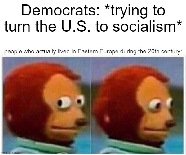 Monkey Puppet Meme | Democrats: *trying to turn the U.S. to socialism*; people who actually lived in Eastern Europe during the 20th century: | image tagged in memes,monkey puppet,politics,socialism,ussr,soviet union | made w/ Imgflip meme maker