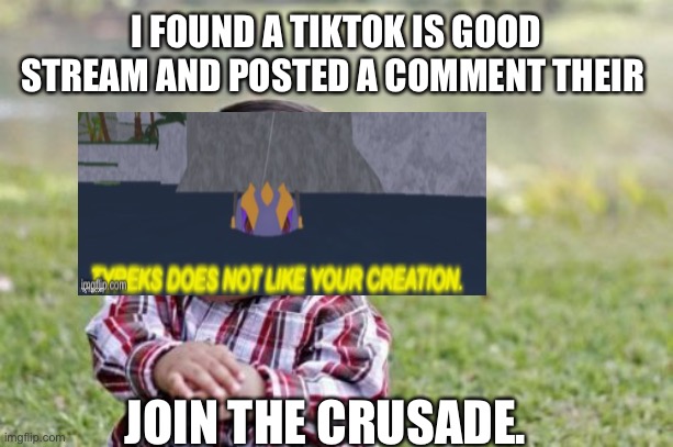 I posted tyreks | I FOUND A TIKTOK IS GOOD STREAM AND POSTED A COMMENT THEIR; JOIN THE CRUSADE. | image tagged in memes,evil toddler | made w/ Imgflip meme maker