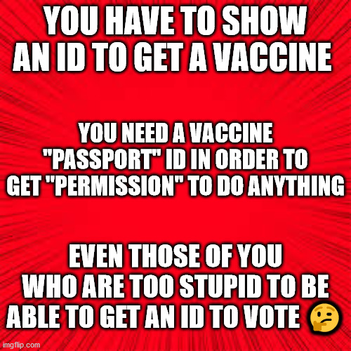 Solid Red | YOU HAVE TO SHOW AN ID TO GET A VACCINE; YOU NEED A VACCINE "PASSPORT" ID IN ORDER TO GET "PERMISSION" TO DO ANYTHING; EVEN THOSE OF YOU WHO ARE TOO STUPID TO BE ABLE TO GET AN ID TO VOTE 🤔 | image tagged in solid red | made w/ Imgflip meme maker