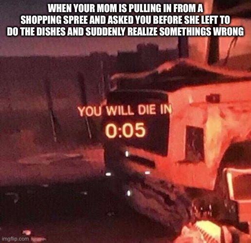 You will die in 0:05 | WHEN YOUR MOM IS PULLING IN FROM A SHOPPING SPREE AND ASKED YOU BEFORE SHE LEFT TO DO THE DISHES AND SUDDENLY REALIZE SOMETHINGS WRONG | image tagged in you will die in 0 05 | made w/ Imgflip meme maker