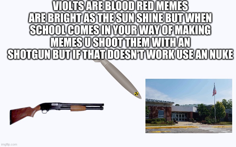 you know the shot gun look hangry | VIOLTS ARE BLOOD RED MEMES ARE BRIGHT AS THE SUN SHINE BUT WHEN SCHOOL COMES IN YOUR WAY OF MAKING MEMES U SHOOT THEM WITH AN SHOTGUN BUT IF THAT DOESN'T WORK USE AN NUKE | image tagged in shotgun,school,memes,idk | made w/ Imgflip meme maker