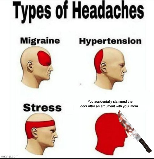 Types of Headaches meme | You accidentally slammed the door after an argument with your mom | image tagged in types of headaches meme | made w/ Imgflip meme maker