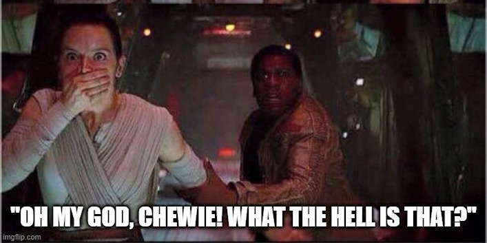 They Saw IT | "OH MY GOD, CHEWIE! WHAT THE HELL IS THAT?" | image tagged in finn and rey star wars | made w/ Imgflip meme maker