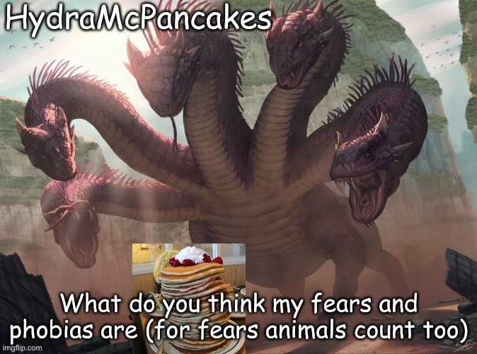 HydraMcPancakes; What do you think my fears and phobias are (for fears animals count too) | image tagged in announcement | made w/ Imgflip meme maker