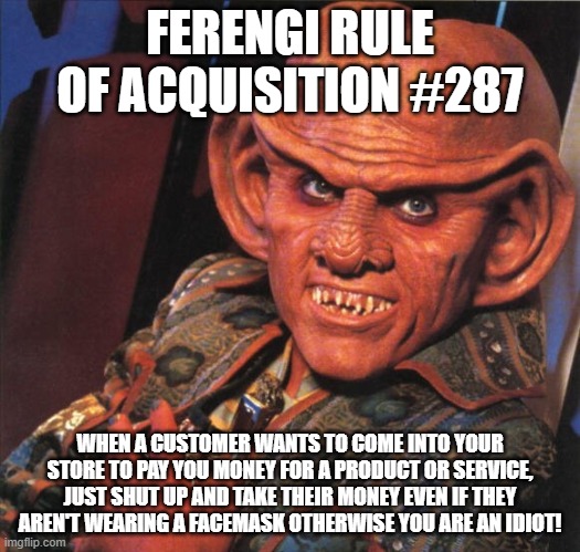 Ferengi Rule of Acquisition #287 just shut up and take their money | FERENGI RULE OF ACQUISITION #287; WHEN A CUSTOMER WANTS TO COME INTO YOUR STORE TO PAY YOU MONEY FOR A PRODUCT OR SERVICE, JUST SHUT UP AND TAKE THEIR MONEY EVEN IF THEY AREN'T WEARING A FACEMASK OTHERWISE YOU ARE AN IDIOT! | image tagged in ferengi | made w/ Imgflip meme maker