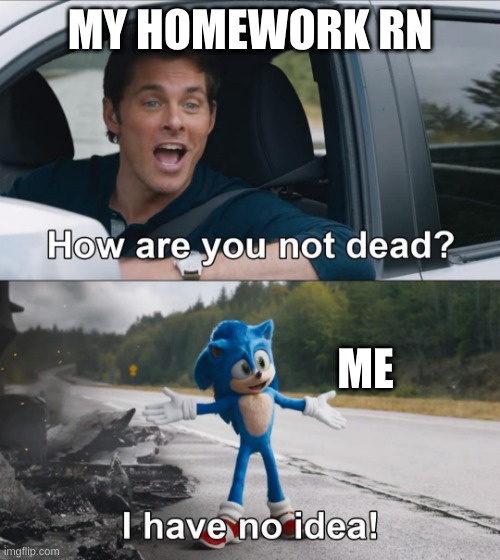 How are you not dead |  MY HOMEWORK RN; ME | image tagged in how are you not dead | made w/ Imgflip meme maker